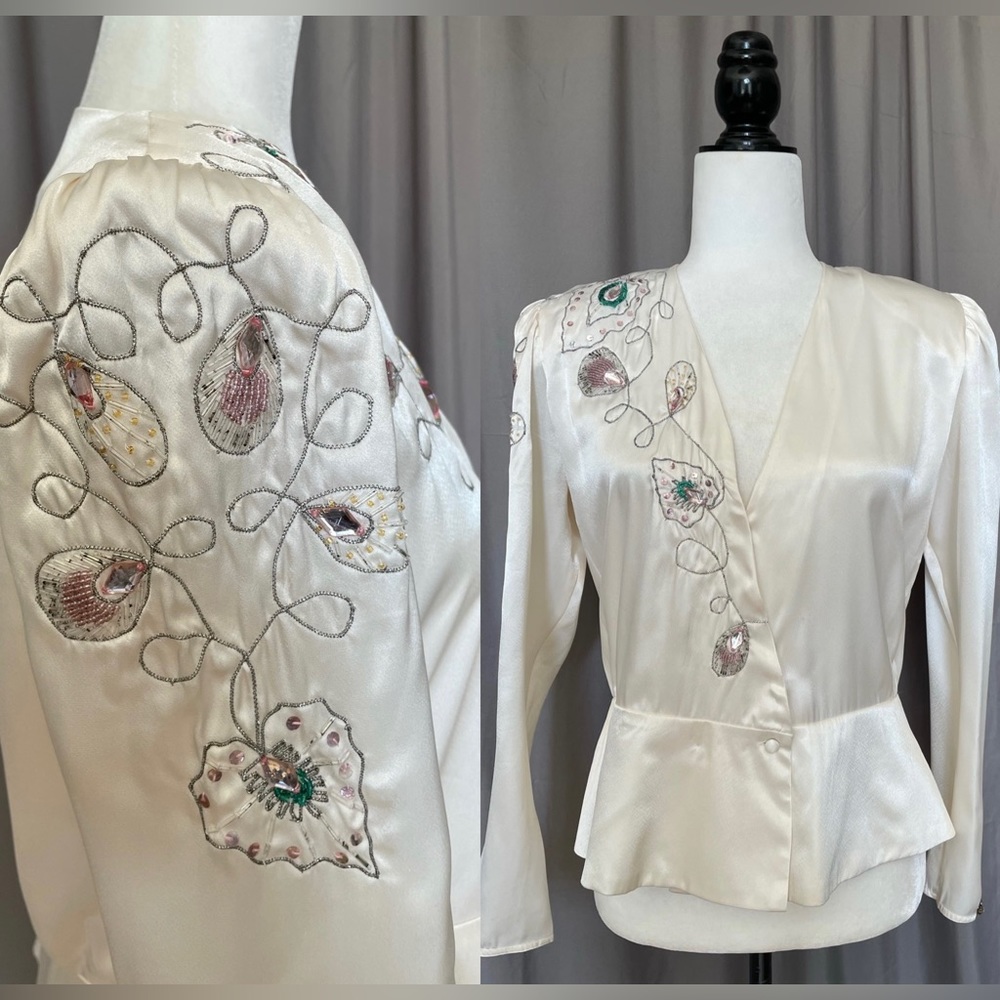 Gorgeously Embroidered Bejeweled Satin Peplum V Wrap Ivory Blouse - 6